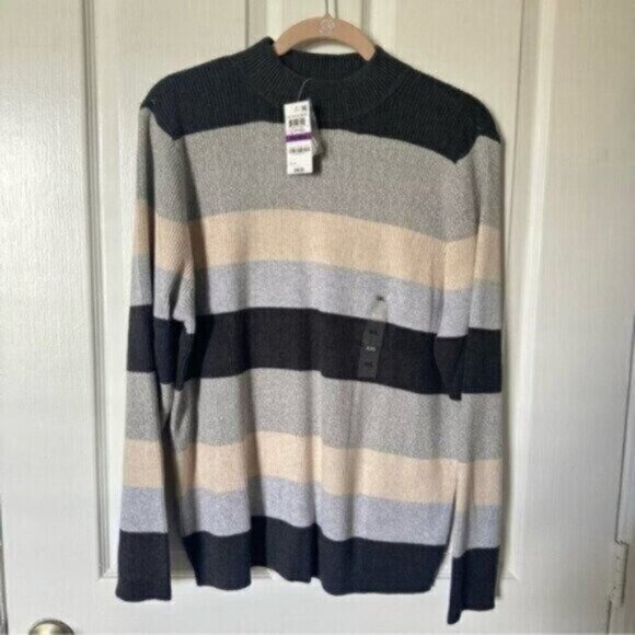 NWT Karen Scott Striped Sweater Mock Neck Gray Beige Color Block Long Sleeve - Picture 3 of 11